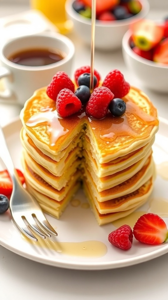 A stack of low-calorie pancakes with berries and honey on a plate.